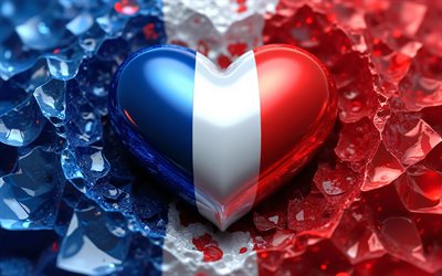 4k, amo francia, corazón brillante, fondo azul rojo 3d, creativo, dia de francia, bandera de francia, corazón con bandera francesa, corazones 3d, bandera francesa, francia, amor por francia