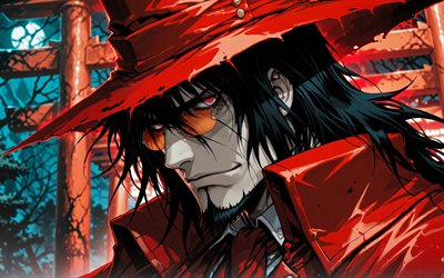 4k, alucard, de cerca, puerta torii, noche, infierno, impermeable rojo, conde drácula, torii, manga, dorakyura, manga hellsing, personaje de alucard, arte alucard, personajes infernales, alucard hellsing