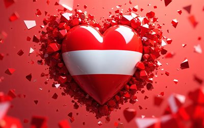 أنا أحب النمسا, 4k, الأشكال الهندسية, خلفية حمراء ثلاثية الأبعاد, يوم النمسا, علم إيطاليا, القلب مع العلم النمساوي, عمل فني, قلوب ثلاثية الأبعاد, العلم النمساوي, النمسا, حب النمسا