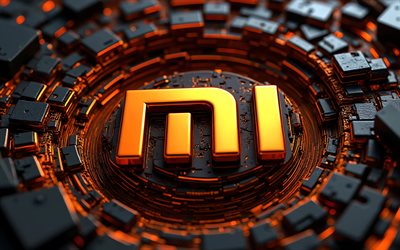 4k, Xiaomi 3D logo, orange glow, electronics brands, metal 3D background, Xiaomi orange logo, darkness, bokeh, creative, brands, artwork, geometric art, Xiaomi logo, Xiaomi
