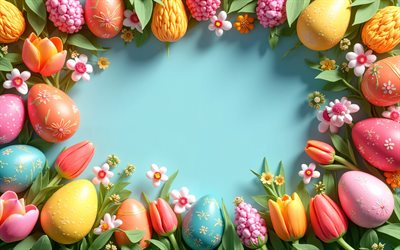 4k, cadre de pâques, fond bleu, oeufs de pâques colorés, fleurs, oeufs de pâques, joyeuses pâques, décorations de pâques, milieux de pâques, pâques
