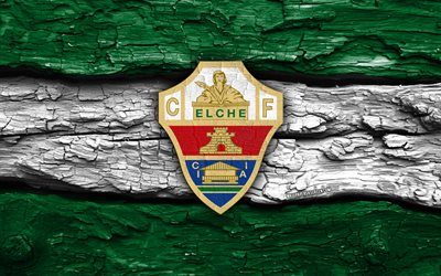 logotipo de madeira elche cf, 4k, fundo de madeira branco verde, laliga, futebol, logotipo do elche cf, emblema do elche cf, elx fc, liga, clube de futebol espanhol, elche cf