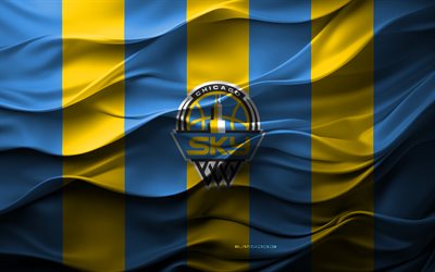4k, logo du ciel de chicago, fond 3d bleu jaune, emblème du ciel de chicago, wnba, équipe américaine de basket ball, drapeau du ciel de chicago, textures 3d, ciel de chicago, basket ball, usa