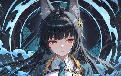 Hoshimi Miyabi, 4k, turquoise abstract background, Zenless Zone Zero, darkness, manga, Zenless Zone Zero charcaters, Icon Frost Frost, Icon Anomaly Anomaly, Hoshimi Miyabi Zenless Zone Zero