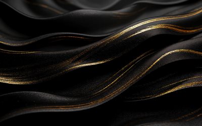 Black waves with golden sand, 4K, golden sand waves background, 3D black waves background, stone texture, black waves background