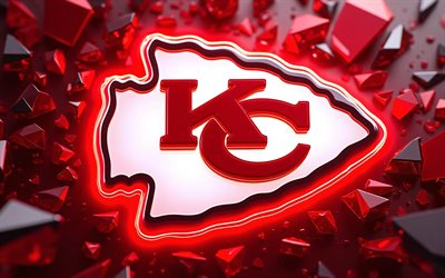4k, logo 3d dei kansas city chiefs, luci al neon rosse, sfondo rosso 3d, nfl, football americano, logo dei capi di kansas city, capi kc, squadra di football americano, capi di kansas city
