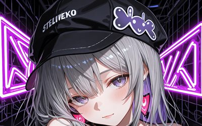 4k, neneko mashiro, nahaufnahme, lila neonlichter, virtueller youtuber, dunkelheit, kunstwerk, vtuber, mädchen mit blauen augen, neneko mashiro stellive, manga, stelllive kanal, stelllive virtual youtuber