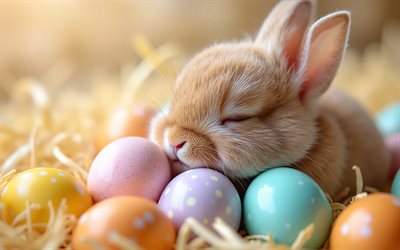 Easter Bunny, 4k, Bunny near eggs, beige rabbit, Easter concepts, painted eggs, Happy Easter, Easter decorations, Easter Bunny with eggs, Easter eggs, colorful eggs, Easter