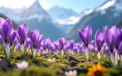 4k, violet crocuses, macro, mountains, spring flowers, bright sun, awakening of nature, bokeh, pictures with crocuses, spring, crocuses, beautiful flowers