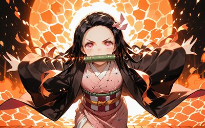 4k, Nezuko Kamado, orange fire flames, Demon Slayer, kimono, protagonist, Demon Slayer Kimetsu no Yaiba, green bamboo gag, manga, Kamado Nezuko, Demon Hunter, Nezuko Kamado Kimetsu no Yaiba