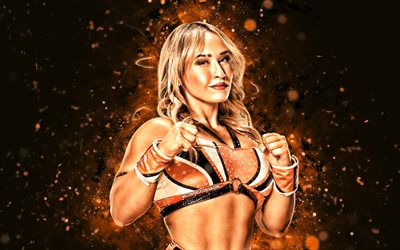 jordynne gracia, 4k, luces de neón naranjas, wwe, creativo, luchador americano, patricia forrest gresham, fondo abstracto naranja, entretenimiento de lucha libre mundial, luchadores, jordynne gracia 4k