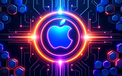 logotipo brillante de apple, 4k, fondo azul de alta tecnología, luces de neón naranjas, conductores, marcas de electrónica, logotipo de apple en 3d, marcas, logotipo de manzana azul, obra de arte, logotipo de manzana, manzana