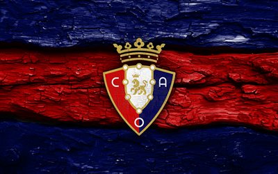 ca osasuna holzlogo, 4k, blau roter holzhintergrund, laliga, fußball, ca osasuna logo, ca osasuna emblem, osasuna fc, la liga, spanischer fußballverein, ca osasuna