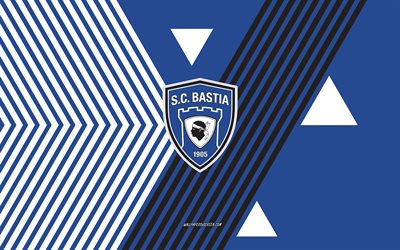 logo sc bastia, 4k, equipe de france de football, fond de lignes blanches bleues, sc bastia, ligue 2, france, dessin au trait, emblème du sc bastia, football