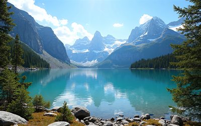 Mountain lake, 4K, glacial lake, mountain landscape, spring, mountains, beautiful lake, spring landscape