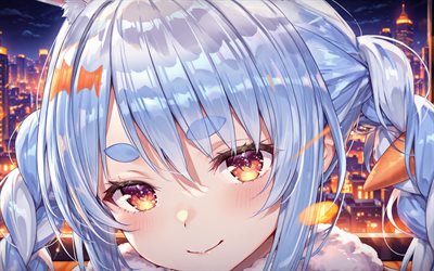 4k, usada pekora, brilho laranja, paisagem urbana, youtuber virtual, cenouras, vtuber, criativo, hololive, mangá, canal usada pekora, usada pekora virtual youtuber