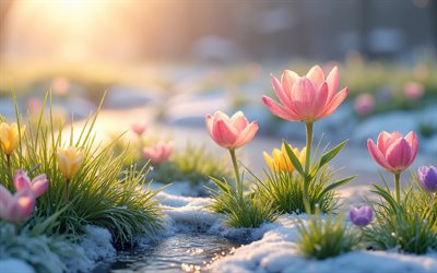 lotuses, 4k, bokeh, melting snow, spring flowers, Nelumbo, bright sun, awakening of nature, lotos, pictures with lotos, spring, beautiful flowers