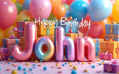 4k, john, bunte luftballons buchstaben, john name, kreativ, john geburtstag, beliebte amerikanische männliche namen, bunter hintergrund, alles gute zum geburtstag john, bild mit john namen, alles gute zum geburtstag