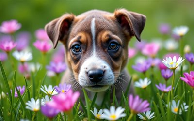 cachorro pitbull americano, 4k, primavera, bokeh, perros, animales lindos, cachorros, mascotas, pitbull americano, flores de primavera, cachorro en el césped, perro pitbull americano
