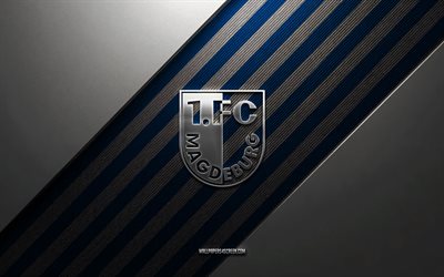 fc magdeburgin logo, 4k, teräs tausta, saksan jalkapalloseura, siniset valkoiset viivat, fc magdeburgin tunnus, bundesliiga 2, fc magdeburg, saksa, jalkapallo, fc magdeburg metallilogo, fc magdeburgin vaakuna