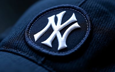 new york yankees tyglogotyp, 4k, new york yankees emblem, mlb, blått tyg bakgrund, new york yankees logotyp, usa, new york yankees, major league baseball, baseball