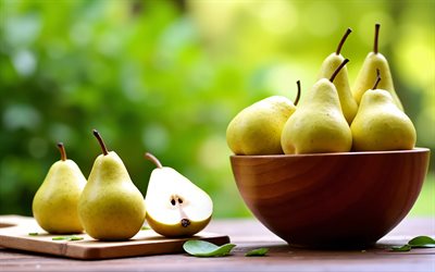 cuenco de madera con peras, 4k, bokeh, frutas de verano, peras premium, frutas frescas, frutas maduras, peras maduras, fondo con peras, frutas, peras