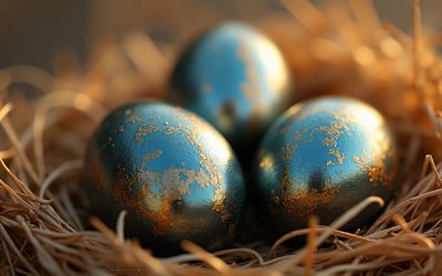 Blue glitter Easter eggs, 4k, Happy Easter, Easter eggs in a nest, Easter decorations, Easter concepts, Easter eggs, Easter