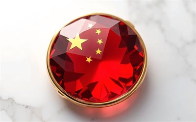 bandiera della cina, 4k, bandiera cinese all'interno di una pietra preziosa, sfondo bianco, pietra preziosa, sfondo di cristallo bianco, cina, bandiera cinese