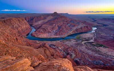 fleuve colorado, 4k, courbe en fer à cheval, désert, canyon, monuments américains, coucher de soleil, arizona, usa, amérique, états unis, beaux paysages, rivières