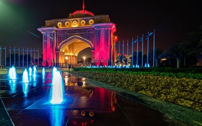 emirates palace, abu dhabi, nacht, dubai, vae, springbrunnen mit beleuchtung