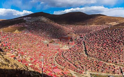 sichuan, mosteiro, panorama, seda, tibete, china, ásia