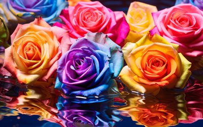 colorful roses, 4k, water, bouquets, colorful flowers, roses, close-up, beautiful flowers, backgrounds with roses, colorful buds, rainbow roses