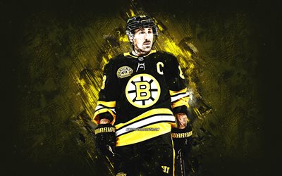Brad Marchand, Boston Bruins, Canadian hockey player, yellow stone background, grunge art, NHL, USA, hockey, Brad Marchand Boston Bruins