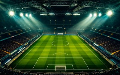 4k, football stadium, green football lawn, football pitch edge, goal, sport arena, abstract art, soccer stadium, artwork, sports concepts, football, soccer, stands, packed stadium, stadium full of spectators, floodlights at the stadium, stadiums