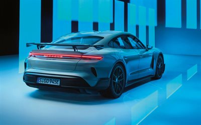 4k, porsche taycan turbo gt, vista posteriore, 2025 auto, sintonizzazione, auto di lusso, pacchetto weissach, blue porsche taycan, 2025 porsche taycan turbo gt, auto tedesche, auto elettriche, porsche