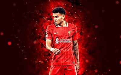 4k, Luis Diaz, creative, Liverpool FC, Premier League, red neon lights, colombian footballers, Luis Diaz 4K, football, soccer, LFC, Luis Diaz Liverpool