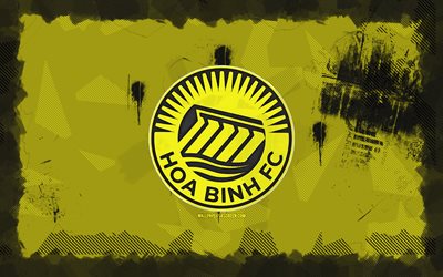 hoa binh fc grunging logo, 4k, v league 2, fond de grunge jaune, football, hoa binh fc emblem, logo hoa binh fc, hoa binh fc, club de football vietnamien, fc hoa binh