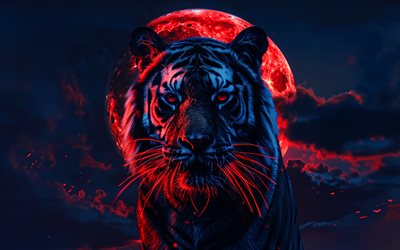 4k, tigre, ojos rojos, arte 3d, luna roja, noche, tigre abstracto, animales de dibujos animados, animales lindos, tigres, tigre con ojos rojos
