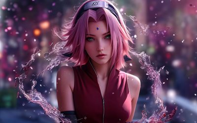 4k, sakura haruno, schizzi d'acqua, 3d art, personaggi di naruto, manga, opera d'arte, haruno sakura, uchiha sakura, naruto, sakura haruno naruto