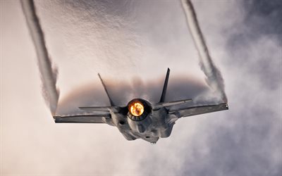F-35, bottom view, F-35 in the sky, Lockheed Martin F-35 Lightning II, American fighter, US Air Force, F-35A, combat aircraft, fighters