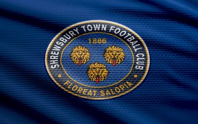 shrewsbury town fc fabric logo, 4k, fond de tissu bleu, ligue un, bokeh, football, logo fc de shrewsbury town, emblem de shrewsbury town fc, ville de shrewsbury, club de football anglais, shrewsbury town fc
