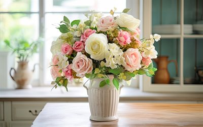 bouquet di rose, 4k, rose bianche, avvicinamento, bouquet bianco, rose, bouquet brides, sfondo con rose, rose in vaso