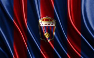 4k, CD Eldense logo, Segunda Division, red blue silk texture, CD Eldense flag, Spanish football team, football, silk flag, CD Eldense emblem, Spain, CD Eldense badge, CD Eldense