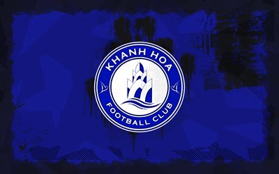 Khanh Hoa FC grunge logo, 4k, V-League 2, blue grunge background, soccer, Khanh Hoa FC emblem, football, Khanh Hoa FC logo, Khanh Hoa FC, Vietnamese football club, FC Khanh Hoa