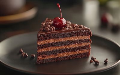 チェリー付きのチョコレートケーキ, チョコレートケーキ, お菓子, ペストリー, ケーキ, 皿の上のケーキ