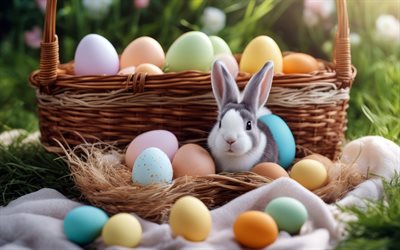 4k, hasen mit ostereier, frohe ostern, frühling, ostern, ostereier, hintergrund für osterkarte, süße hasen
