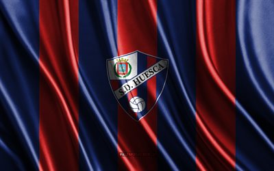 4k, SD Huesca logo, Segunda Division, red blue silk texture, SD Huesca flag, Spanish football team, football, silk flag, SD Huesca emblem, Spain, Huesca badge, SD Huesca