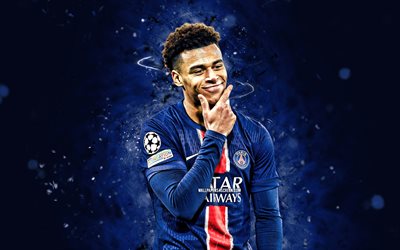 désir doue, 4k, néons bleus, paris saint germain, ligue 1, footballeurs français, désir doue 4k, football, desire nonka maho doue, psg, désir doue psg