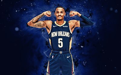 4k, dejounte murray, mavi soyut arka plan, new orleans pelicans, nba, amerikalı basketbolcular, dejounte murray 4k, mavi neon işıklar, basketbol, ulusal basketbol birliği, dejounte murray new orleans pelicans