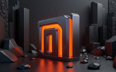 Xiaomi metal logo, 4K, orange neon lights, electronics brands, metal background, creative, Xiaomi, logo, artwork, Xiaomi orange neon logo, Xiaomi logo
